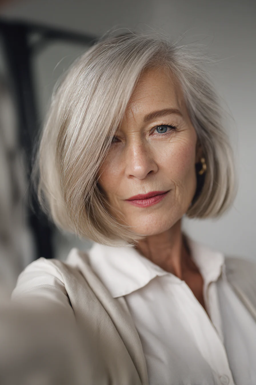 10. Sandblonder, stumpfer Bob mit Seitenscheitel (Neue Frisuren für Frauen über 60) – Neue Frisuren für Frauen über 60