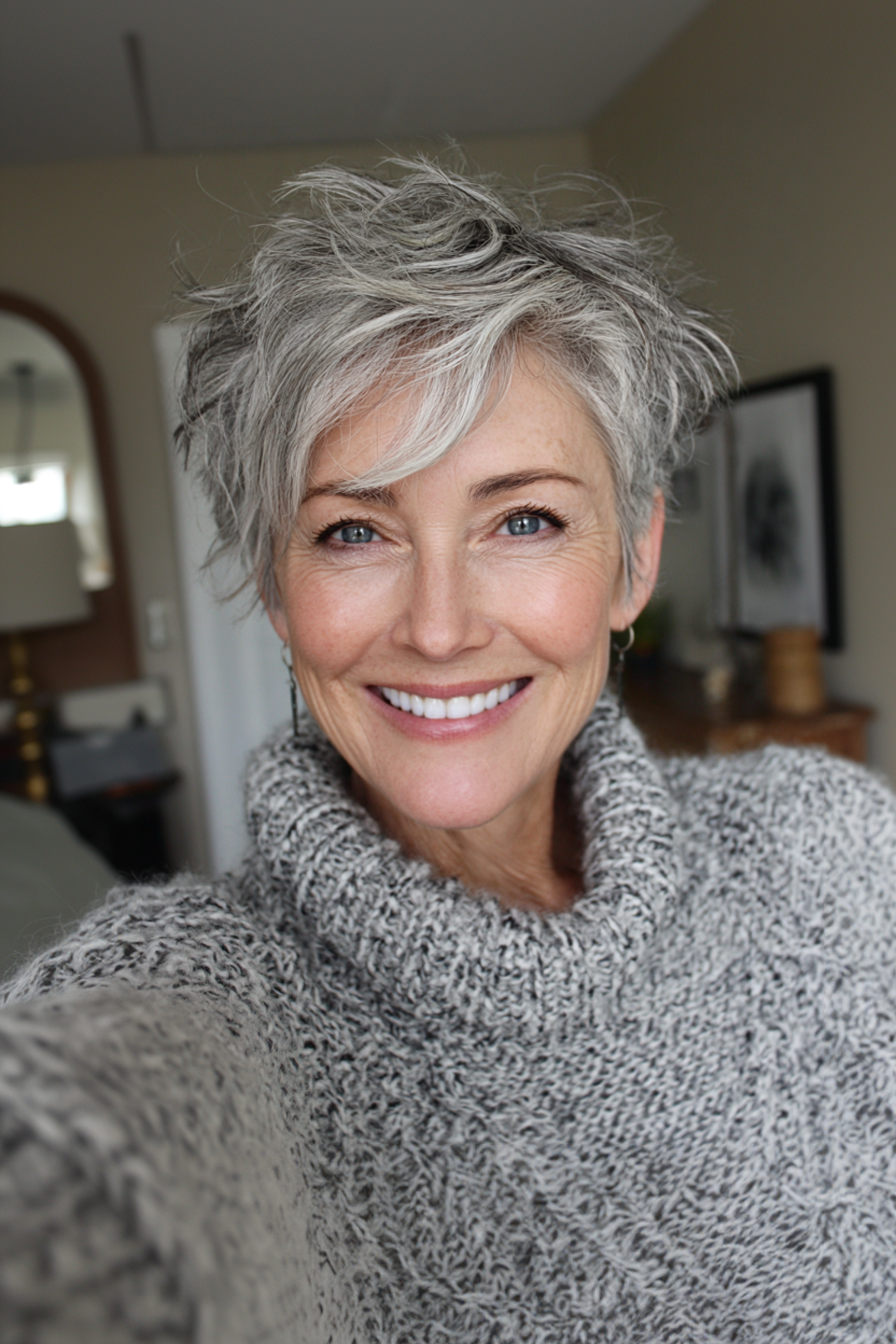 10. Shaggy-Pixie mit Salz-Piepper-Mischung (jugendliche Haarschnitte für Frauen über 50)-jugendliche Haarschnitte für Frauen über 50