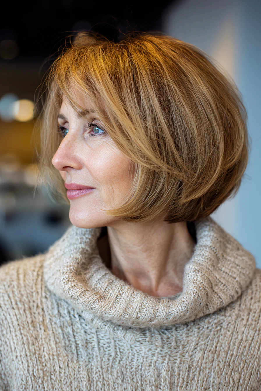 10. Weicher, abgewinkelter Bob in hellem Goldbraun (kurze mittellange Frisuren für Frauen über 50) – Kurze mittellange Frisuren für Frauen über 50