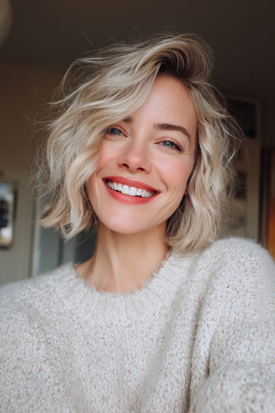 10. weicher beige blonde französischer Bob (kurze Frisuren für Frauen über 50 mit gewellten Haaren) - kurze Frisuren für Frauen über 50 mit welligen Haaren