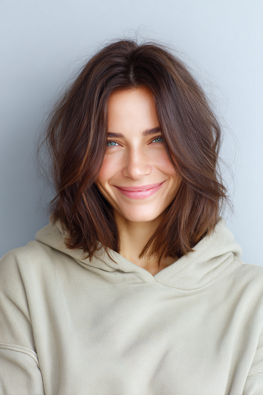 10. Weichschichtige Brünette Lob (lange Bob -Haarschnitte für Frauen über 50) - Lange Bob -Haarschnitte für Frauen über 50