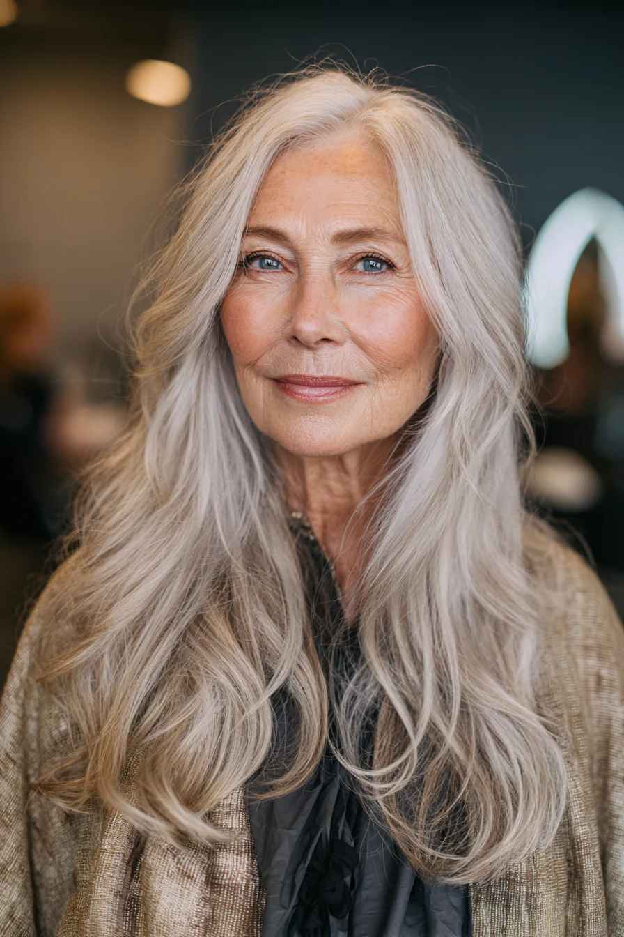 10. Weicher U-Schnitt mit Champagnerblond (lange Frisuren für Frauen über 60) – Lange Frisuren für Frauen über 60