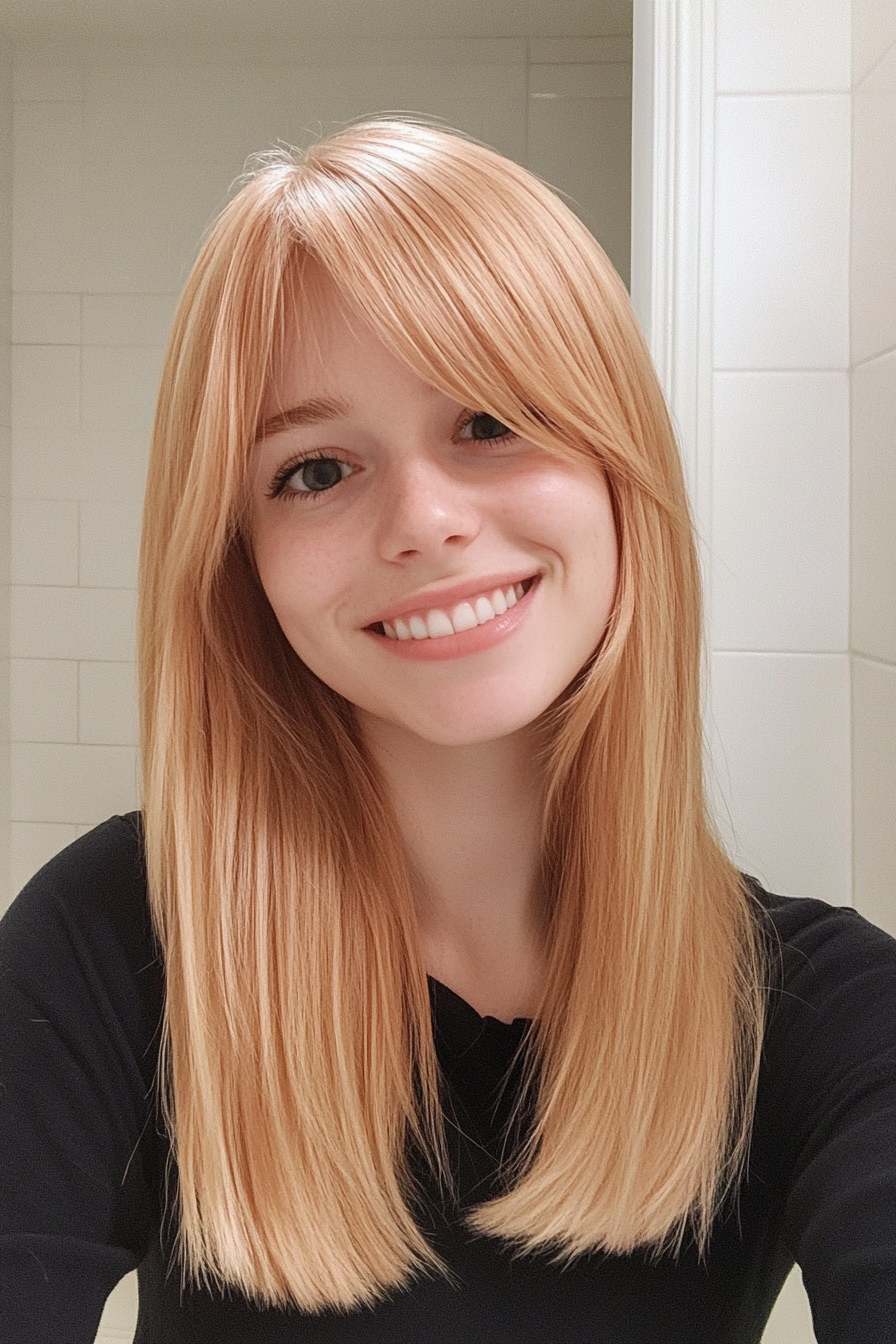 10. Straight Strawberry Blonde mit stumpfen Pony (gerade Haarhaarschnitte) - Straße Haarhaarschnitte