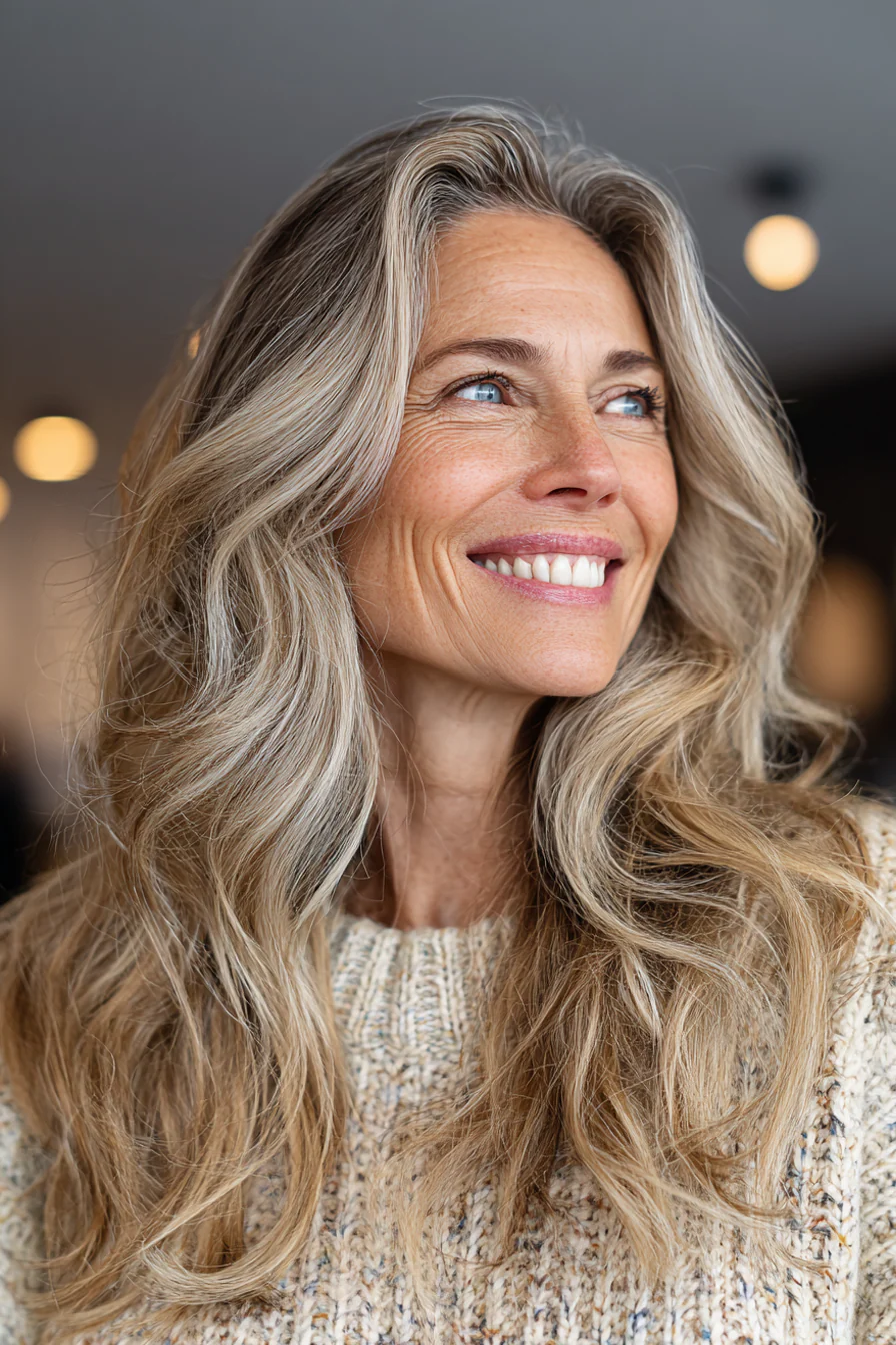 10. Sunlit Golden Blonde Long Shag (Long Shag-Frisuren für ältere Frauen) – Long Shag-Frisuren für ältere Frauen