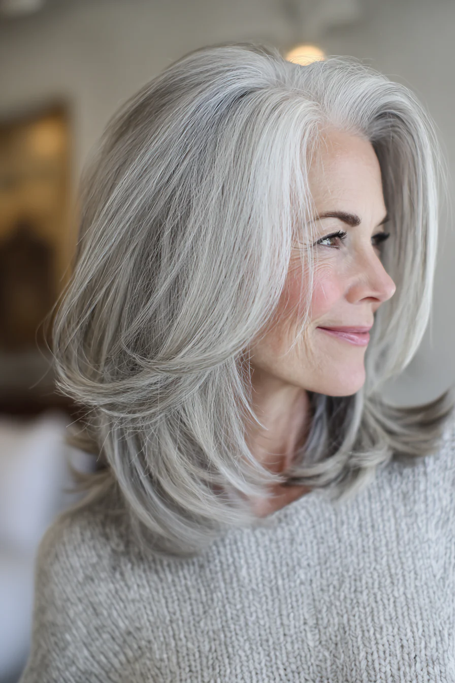 10. Swoopy Layers mit Silberweiß (Schulterlange Stufenhaarschnitte für Frauen über 50) – Schulterlange Stufenhaarschnitte für Frauen über 50 