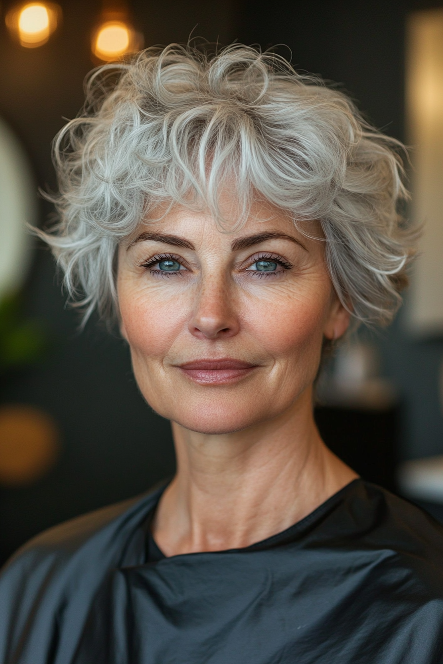 10. sich verjüngte lockige Ernte mit Salz- und Peter-Finish (lockige Frisuren für Frauen über 50 mit Pony)-lockige Frisuren für Frauen über 50 mit Pony