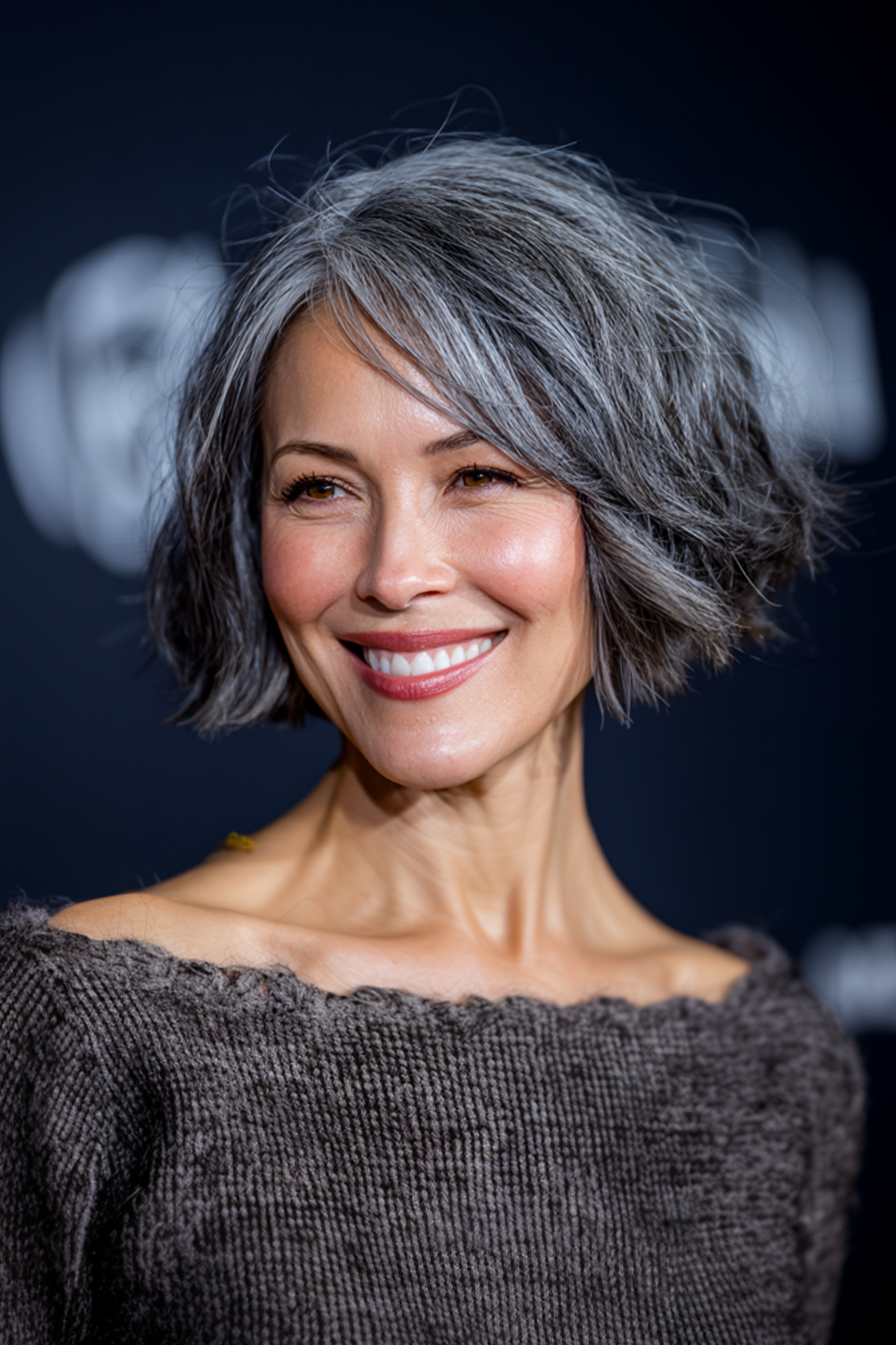 10. Strukturiertes Salz-und-Prepper Bob (graue Frisuren für Frauen über 40)-Graue Frisuren für Frauen über 40