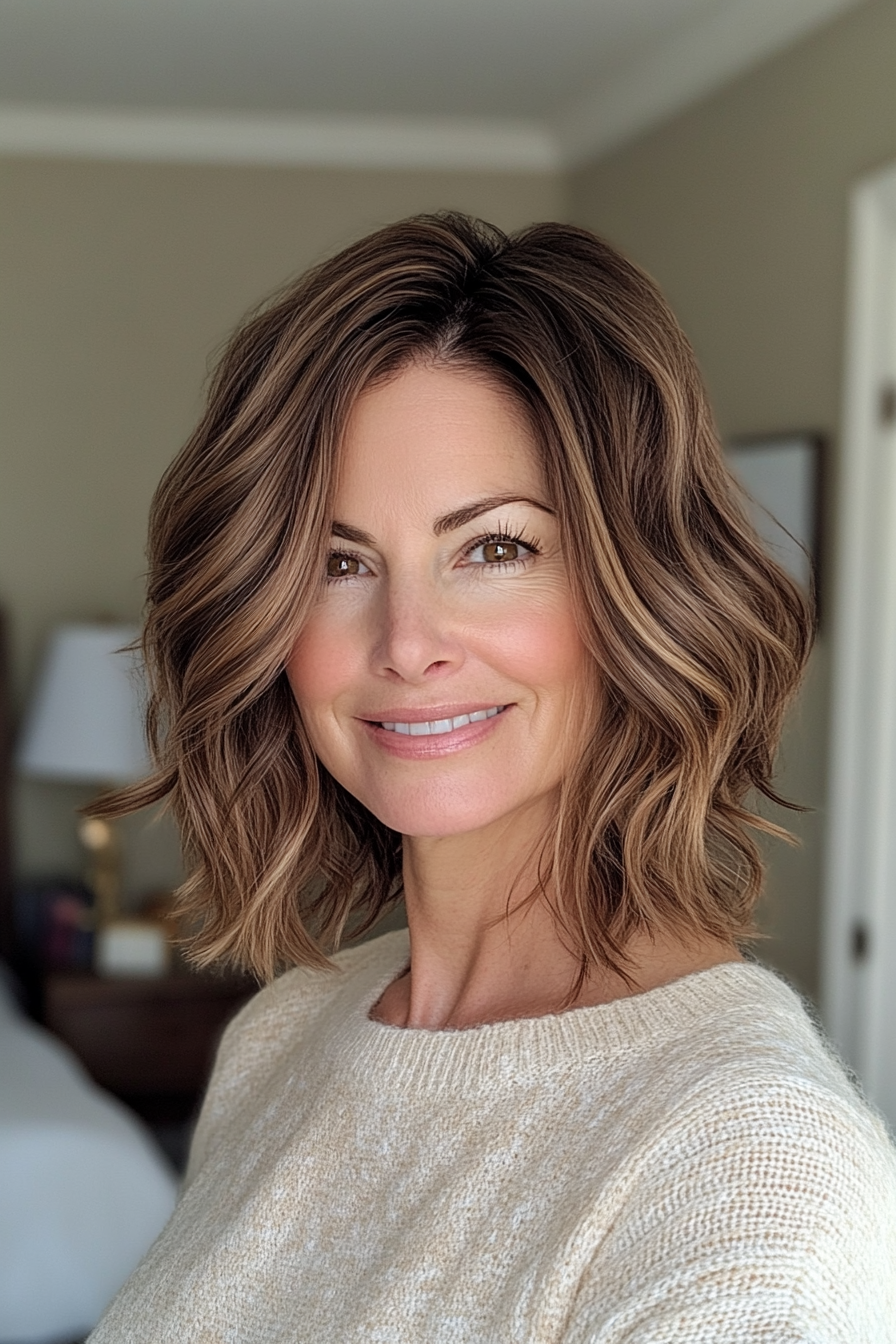 10. Tousled Ernte mit mittlerer brauner Basis (einfache Haarschnitte für Frauen über 40) - einfache Haarschnitte für Frauen über 40