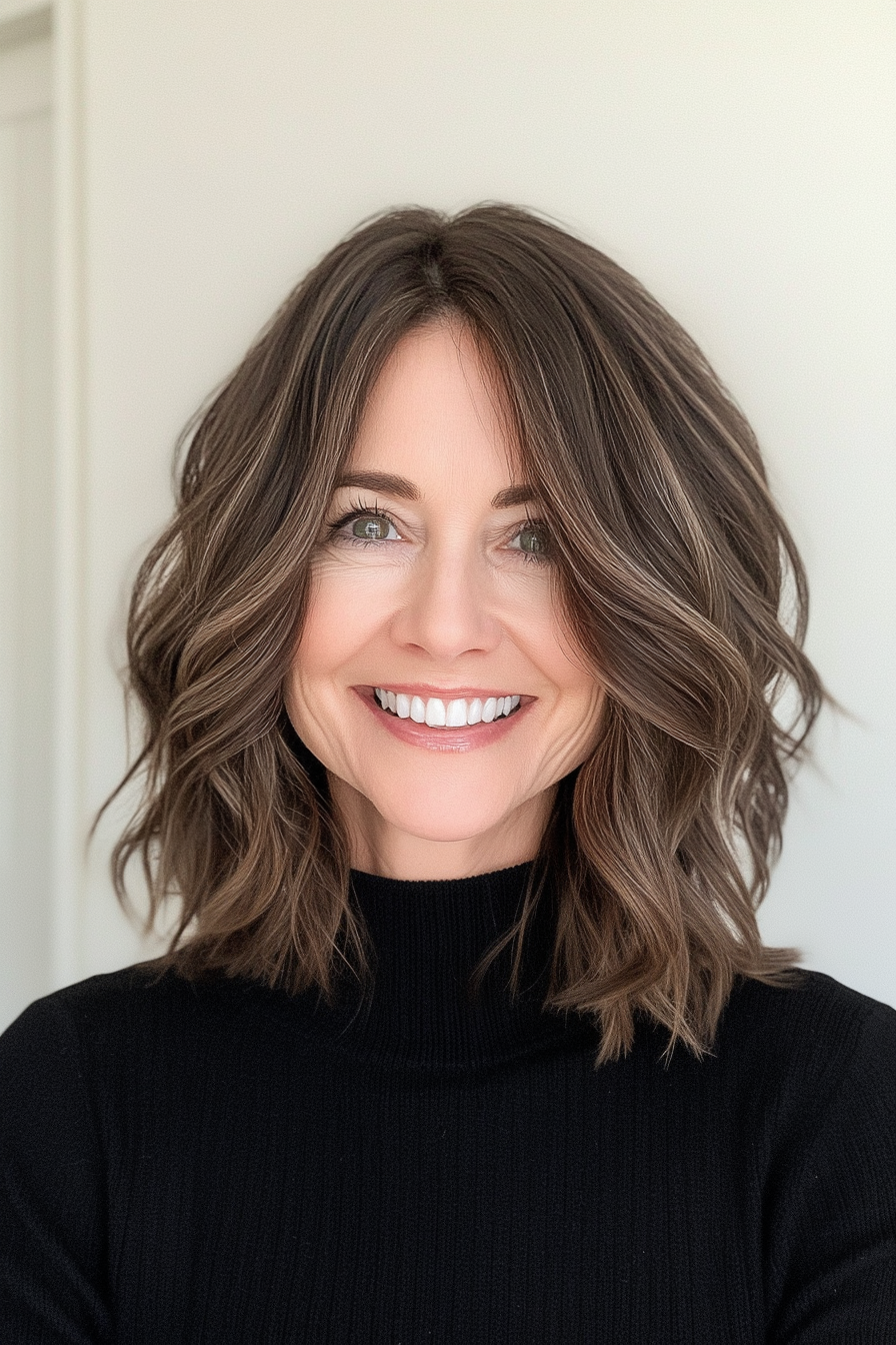 10. zerzaustes dunkelbraunes Schlüsselbeinschnitt (neue Frisuren für Frauen über 50) - Neue Frisuren für Frauen über 50
