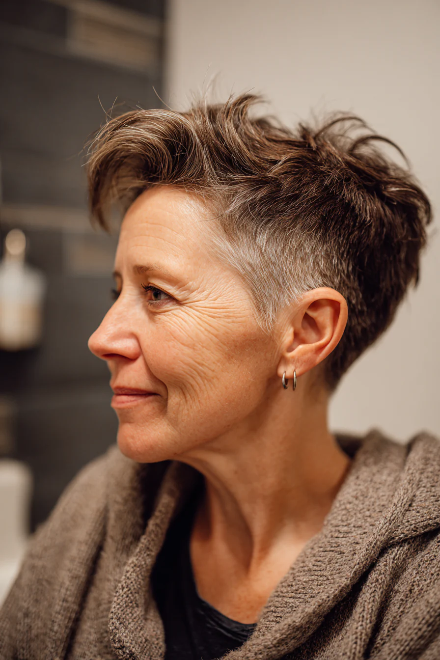 10. Undercut-Pixie mit weichen Deckschichten – Dunkelbraun (kurze Frisuren für ältere Frauen mit dickem Haar) – Kurze Frisuren für ältere Frauen mit dickem Haar