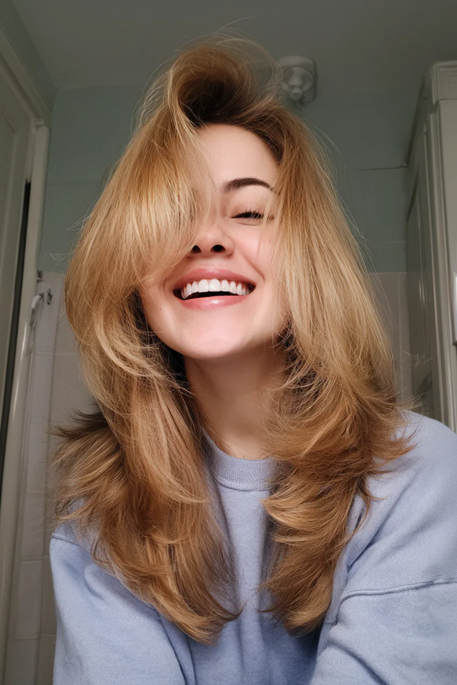 10. Voluminöser Blowout mit goldblonden Curtain Bangs (Curtain Bangs Haircuts) – Curtain Bangs Haircuts