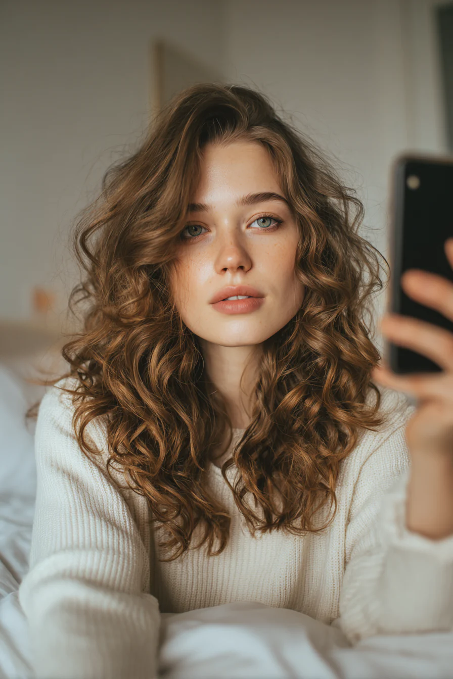 10. Lange Schichten aus Walnussholz auf weichen Locken (geschichtete lockige Frisuren) – Geschichtete lockige Frisuren