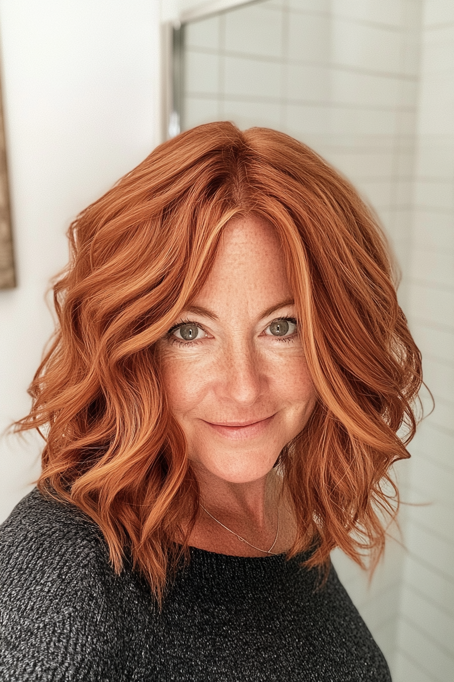 10. Warm Auburn Wavy Lob mit ungleichmäßigen Enden (funky Haarschnitte für Frauen über 50) - Funky Haarschnitte für Frauen über 50