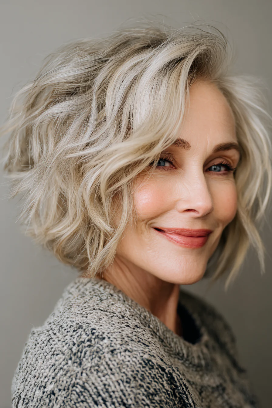 10. Welliger umgekehrter Bob in sanftem Beigeblond (kurze gewellte Haarschnitte für ältere Frauen) – Kurze gewellte Haarschnitte für ältere Frauen