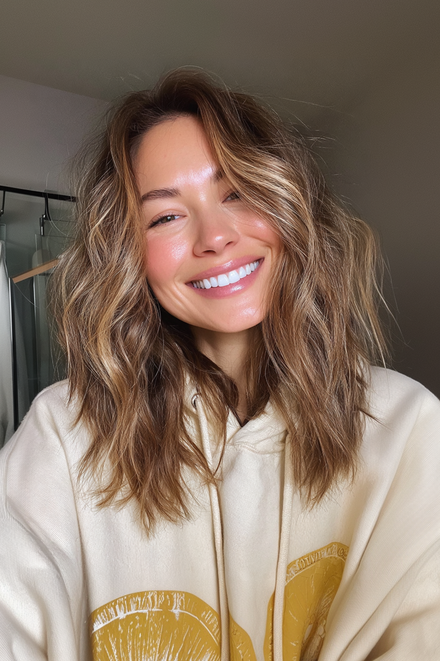 10. Wellenlob mit goldenen Highlights (mittlere Haarschnitte für feines Haar) - mittelgroße Haarschnitte für feines Haar
