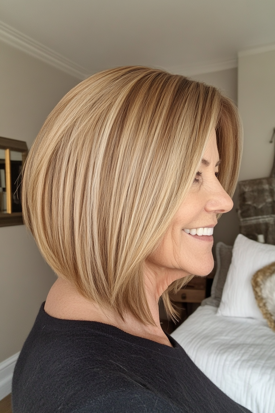 11. Abgleer Bob mit verjüngter Rücken in goldener Blondine (asymmetrische Frisuren für ältere Frauen) - asymmetrische Frisuren für ältere Frauen
