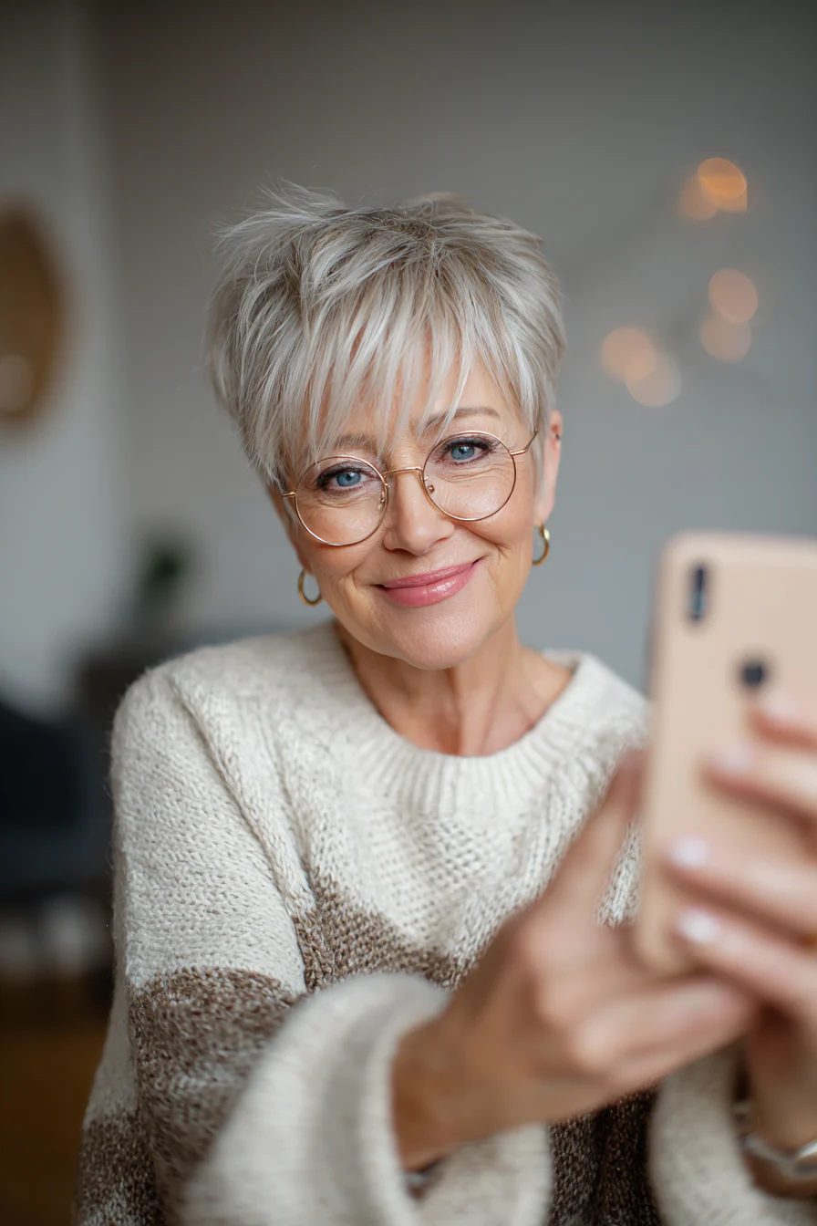 11. Aschblonde, zarte Pixie mit Stufenkrone (Frisuren für ältere Frauen mit Brille) – Frisuren für ältere Frauen mit Brille