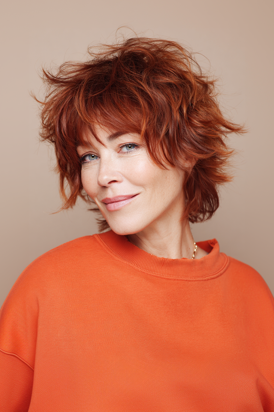 11. Auburn -tönte zottelige Schichten (kurze zottelige Frisuren für Frauen über 60) - kurze zottelige Frisuren für Frauen über 60