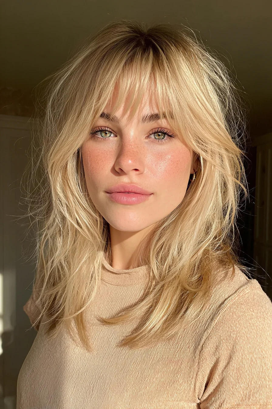 11. Beigeblonder, abgehackter Schnitt mit Vorhang-Pony (mittellange geschichtete Haarschnitte) – Mittellange geschichtete Haarschnitte