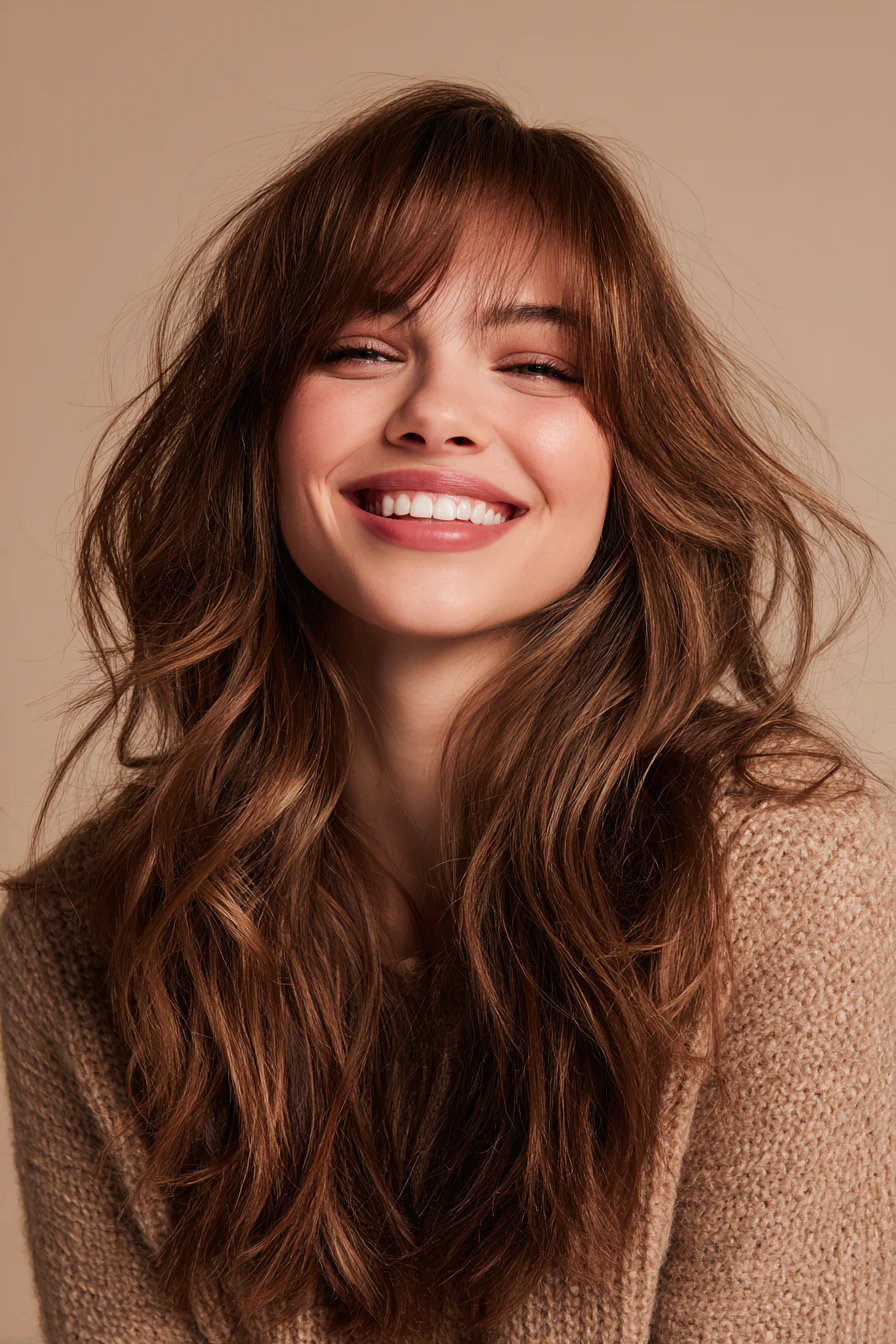 11. Boho-Schichten mit warmen, haselnussbraunen Curtain Bangs (Curtain Bangs-Haarschnitte) – Curtain Bangs-Haarschnitte