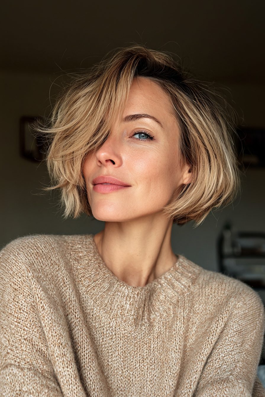 11. Kinnlänge abgewinkelte Bob mit sandiger Beige (moderne Frisuren für Frau über 40) - Moderne Frisuren für Frau über 40