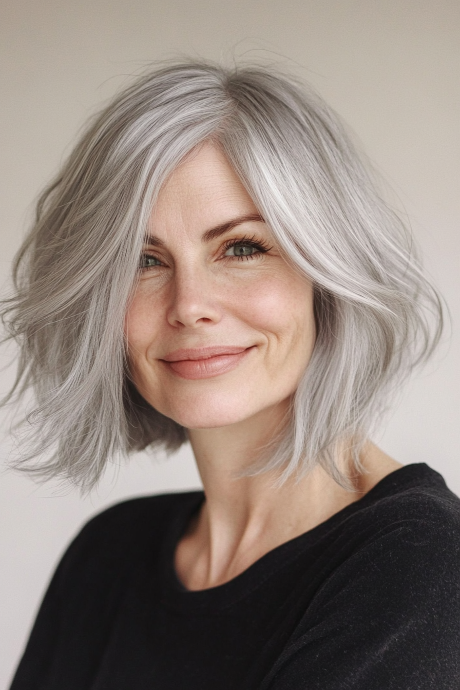 11. Kinnlänge Bob mit wispy Pony in weichem Grau (kühle Haarschnitte für Frauen über 50) - Kühle Haarschnitte für Frauen über 50