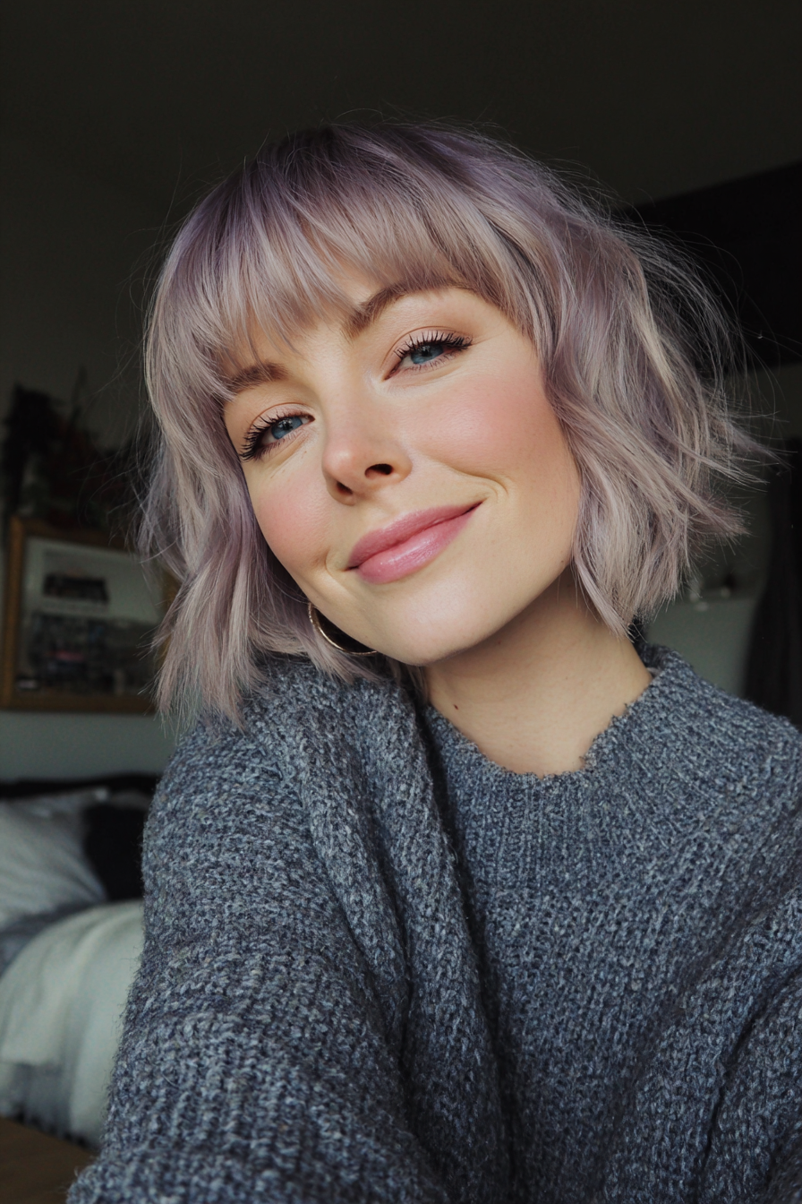 11. abgehackte Bob mit strukturiertem Rand in rauchiger Lavendel (kurze Bob -Frisuren mit Pony) - kurze Bob -Frisuren mit Pony
