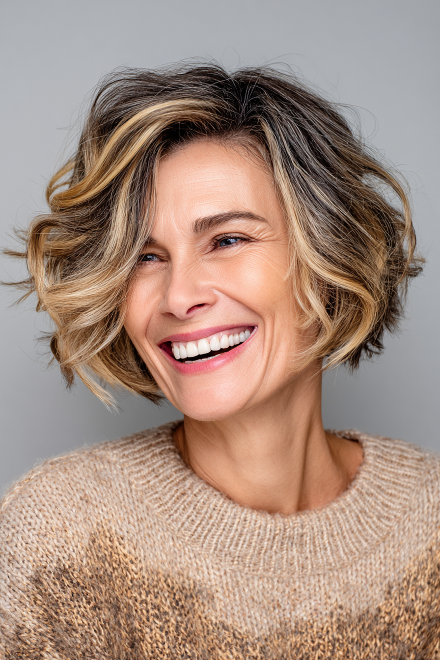 11. Abgehackte, geschichtete Bob mit goldenen Highlights (kurze Bob -Haarschnitte für Frauen über 50) - kurze Schichthaarschnitte für Frauen über 50