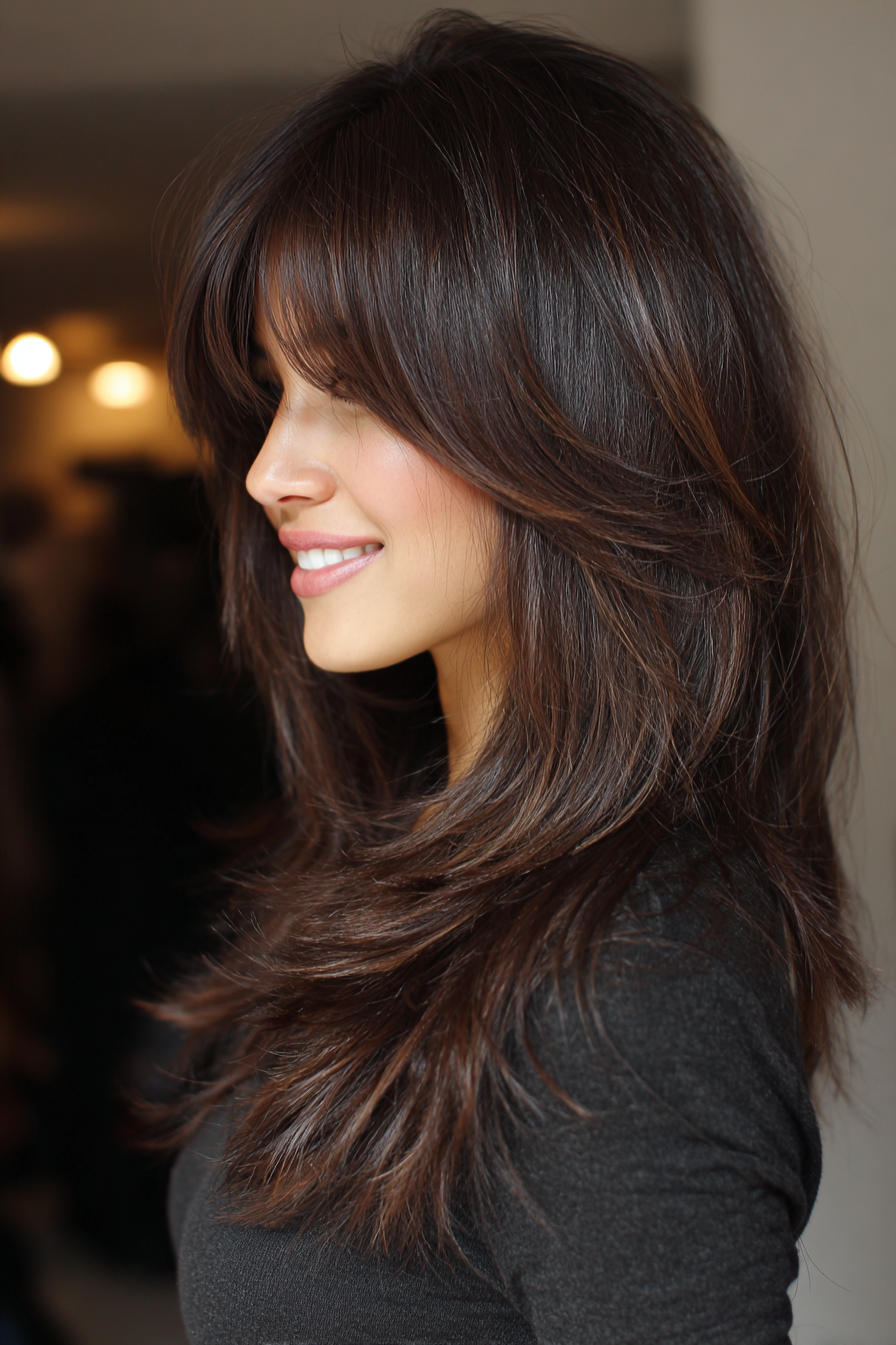 11. Cocoa Brunette Long Shag (geschichtete, unordentliche Haarschnitte) – geschichtete, unordentliche Haarschnitte