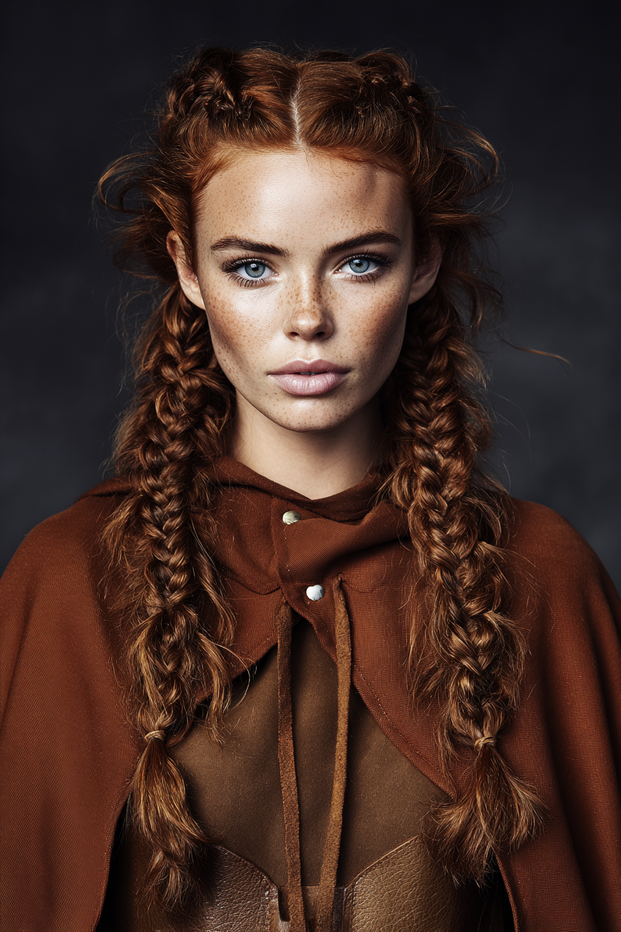 11. Kupferfarbene, kreuz und quer verlaufende Schläfenzöpfe (Wikinger-Frisuren für Frauen) – Wikinger-Frisuren für Frauen