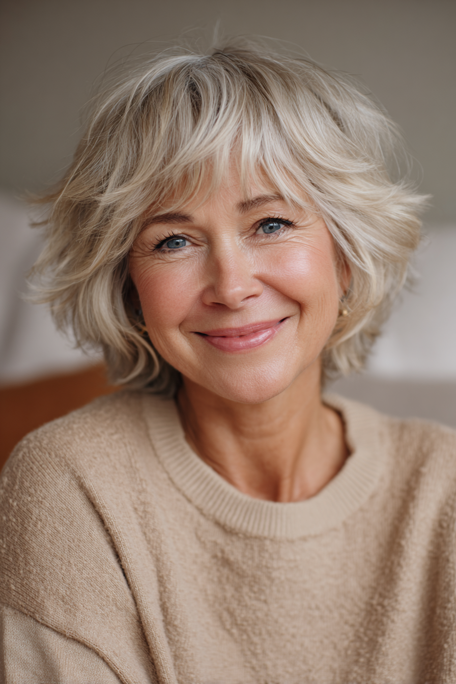 11. Cremig-beiger geschichteter Shag (kurze Shag-Frisuren für Frauen über 60) – Kurze Shag-Frisuren für Frauen über 60