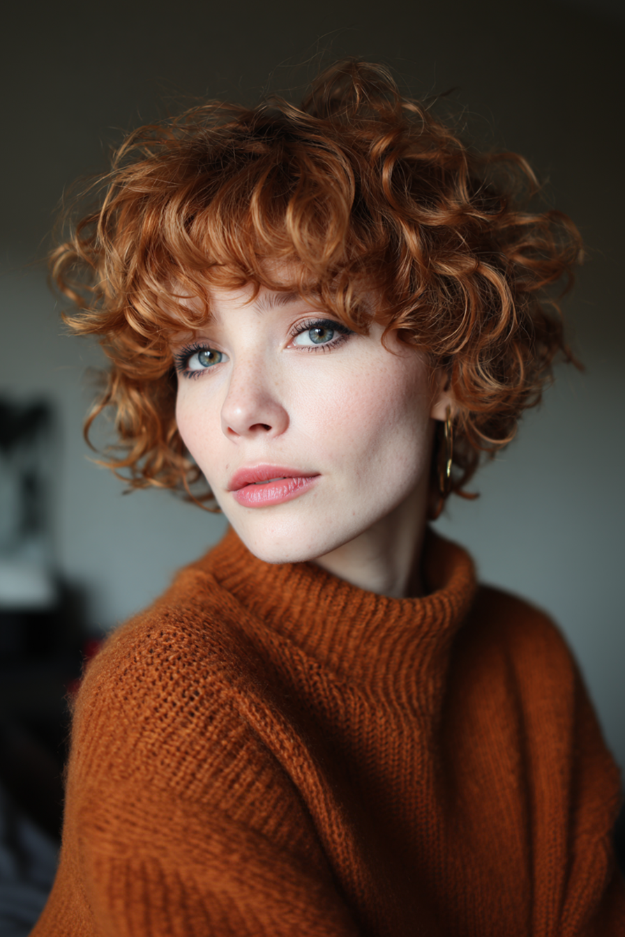 11. Curly Bob mit Gesichtsramm Pony im Kupferglühen (kurze lockige Frisuren für Frauen über 40) - kurze lockige Frisuren für Frauen über 40