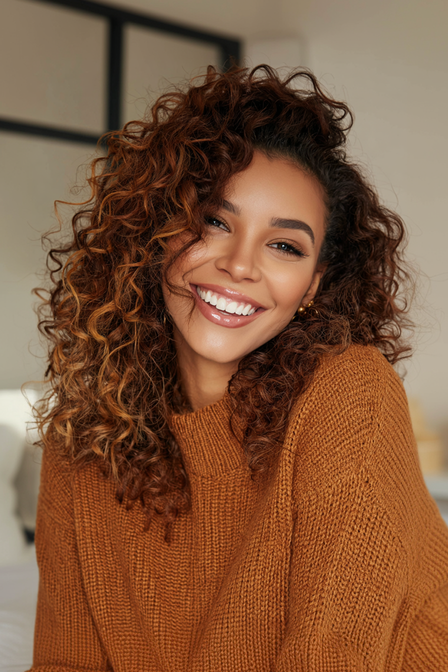 11. lockige Schichten mit Kupfer -Highlights (geschichtete Frisuren) - geschichtete Frisuren