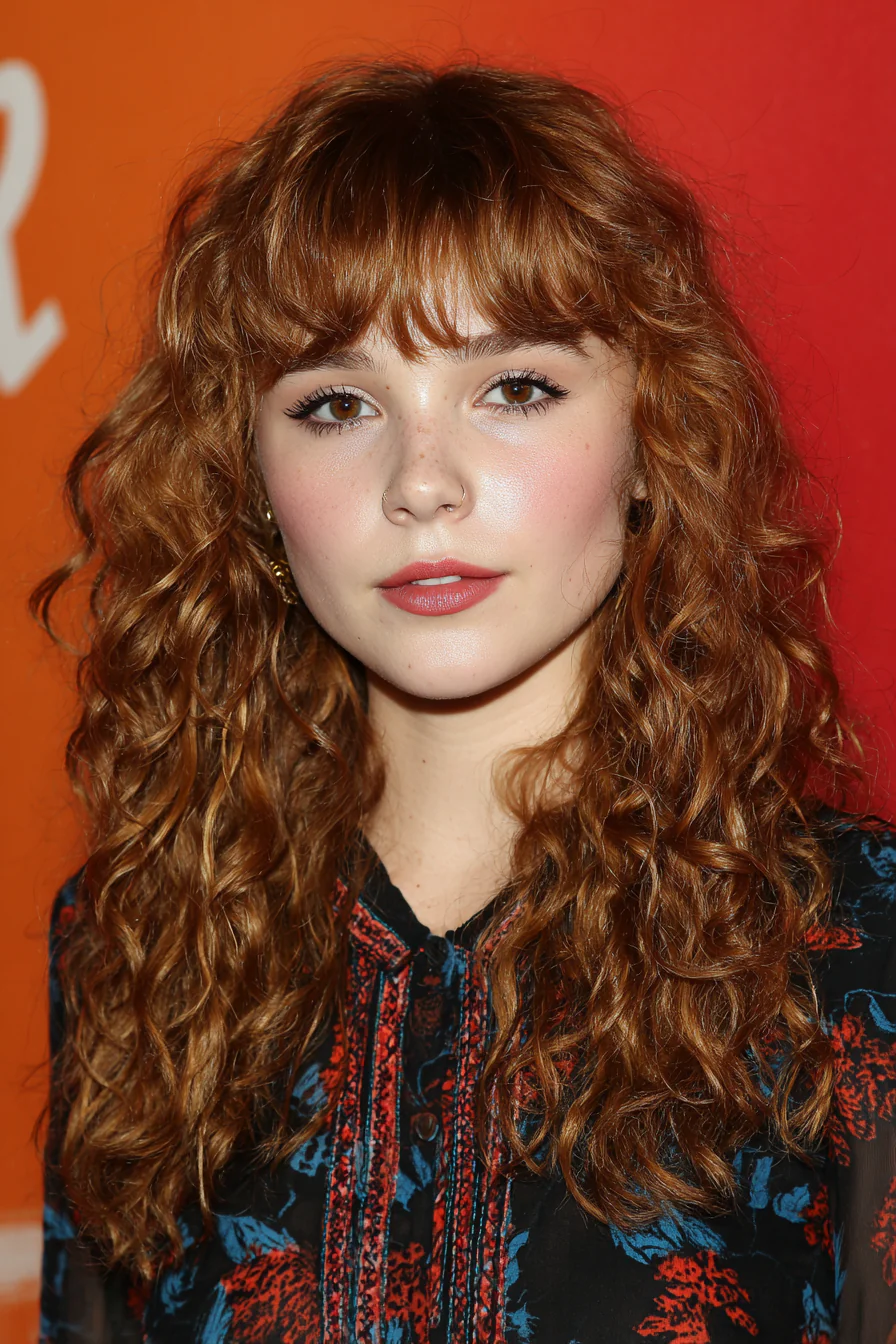 11. Lockiger mittellanger Shag mit Mikro-Pony in dunklem Auburn (mittellange Frisuren mit Pony) – Mittellange Frisuren mit Pony