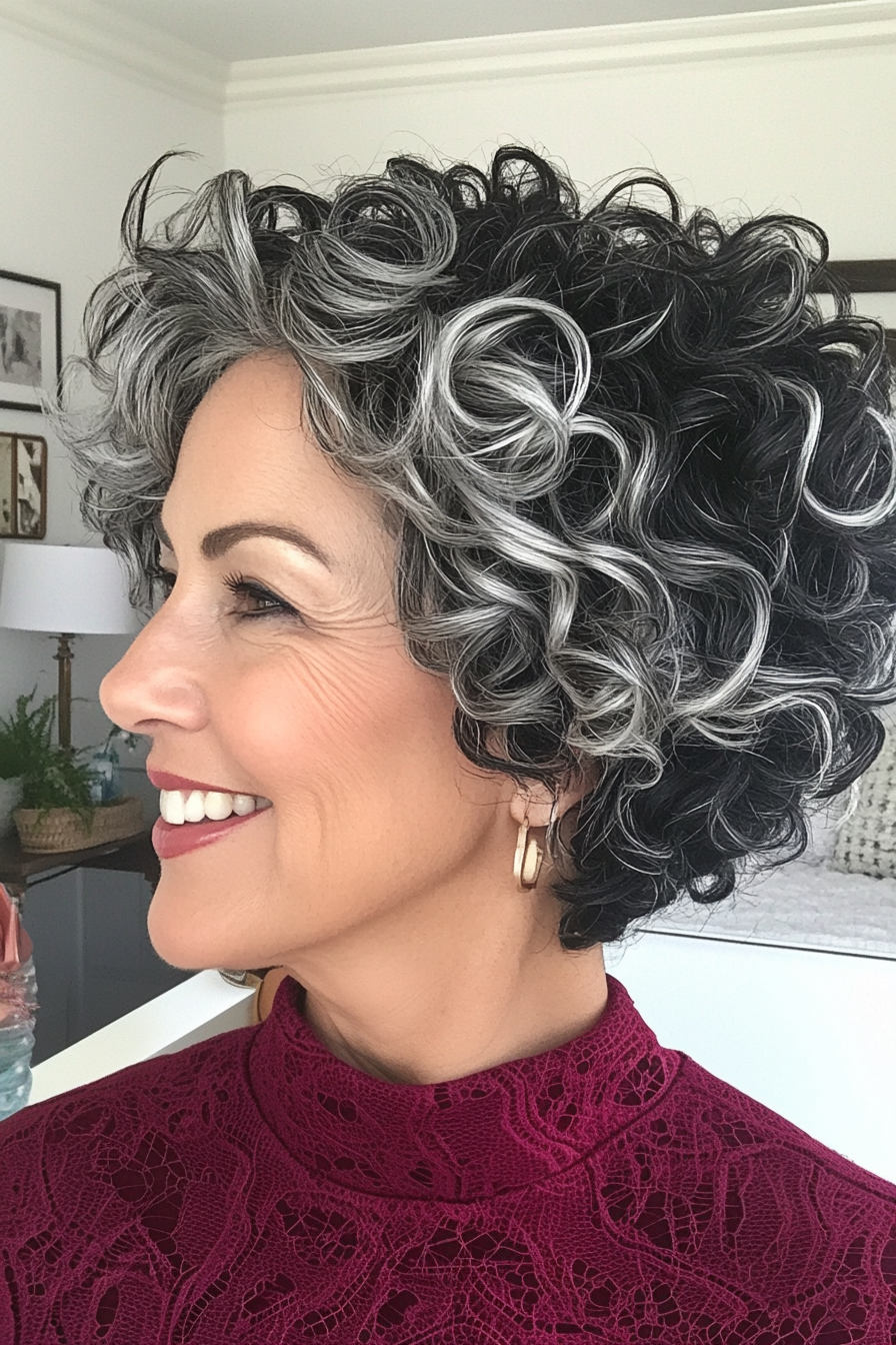 11. Curly Salz und Pfefferernte mit natürlicher schwarzer Mischung (Salz- und Pfefferfrisuren für Frauen über 50) - Salz- und Pfefferfrisuren für Frauen über 50