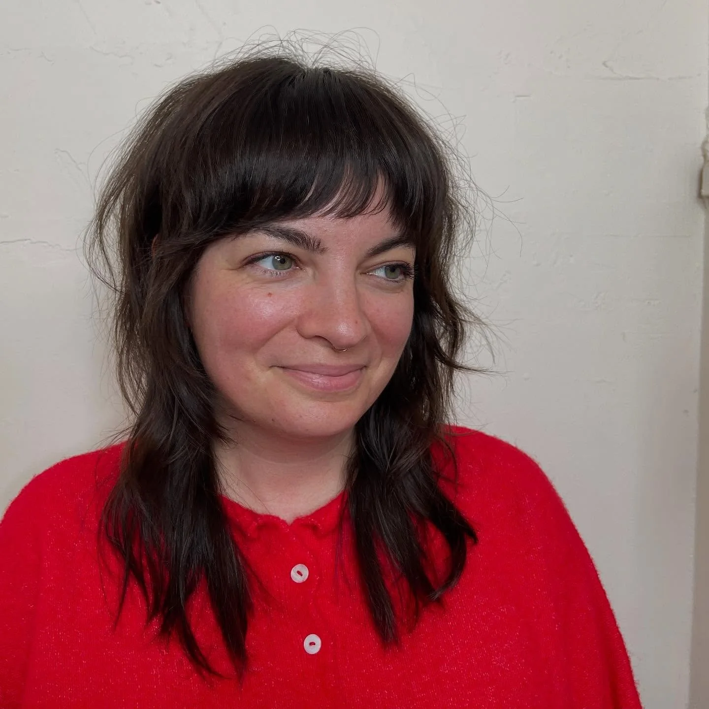 11. Dunkelbrauner Shag mit zarten Mikrofransen (mittellange Shag-Frisuren)