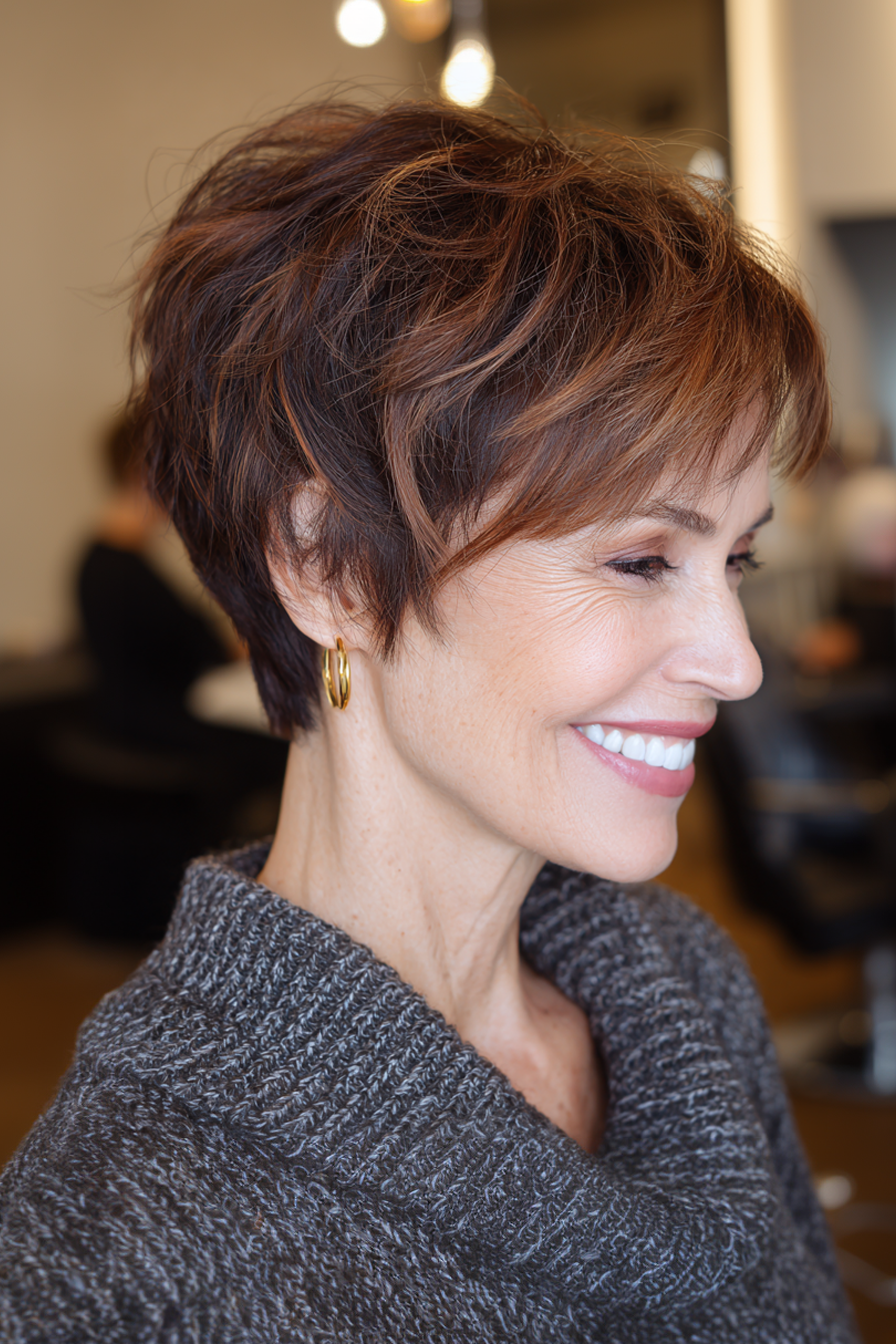 11. Dimensional Brunette Layered Pixie (Stufen-Pixie-Haarschnitte für Frauen über 60) – Stufen-Pixie-Haarschnitte für Frauen über 60