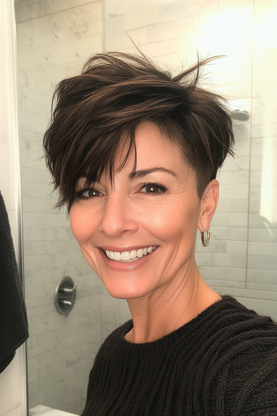 11. Nervösem Unterkreispixie in natürlicher Dunkelbraun (schicke kurze Frisuren für Frauen über 40) - schicke kurze Frisuren für Frauen über 40