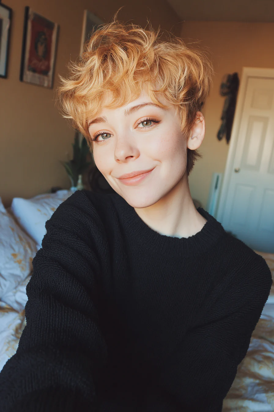 11. Gefiederter Pixie mit Baby-Pony in Goldblond (Pixie-Haarschnitte) – Pixie-Haarschnitte