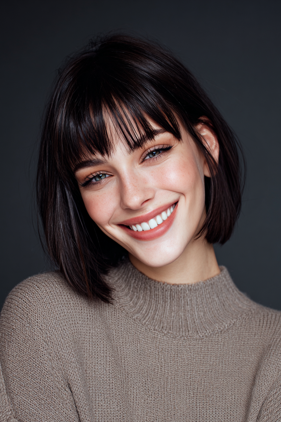 11. Glossy Espresso Lob mit Mikrobon (lange Bob -Frisuren mit Pony) - Lange Bob -Frisuren mit Pony