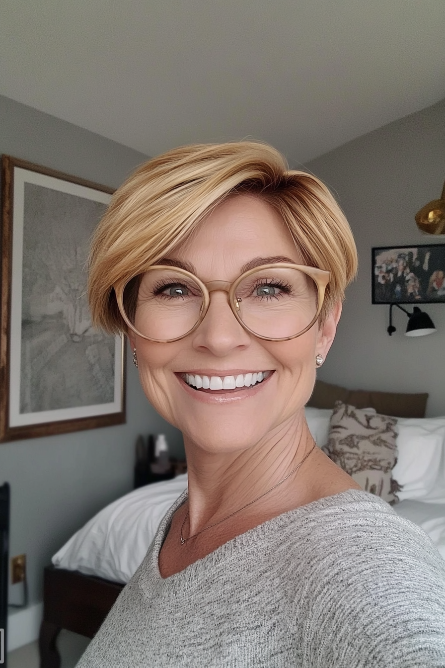 11. Golden Blonde Seitenpixie (Pixie -Haarschnitte für Frauen über 50 mit Brillen) - Pixie -Haarschnitte für Frauen über 50 mit Brillen