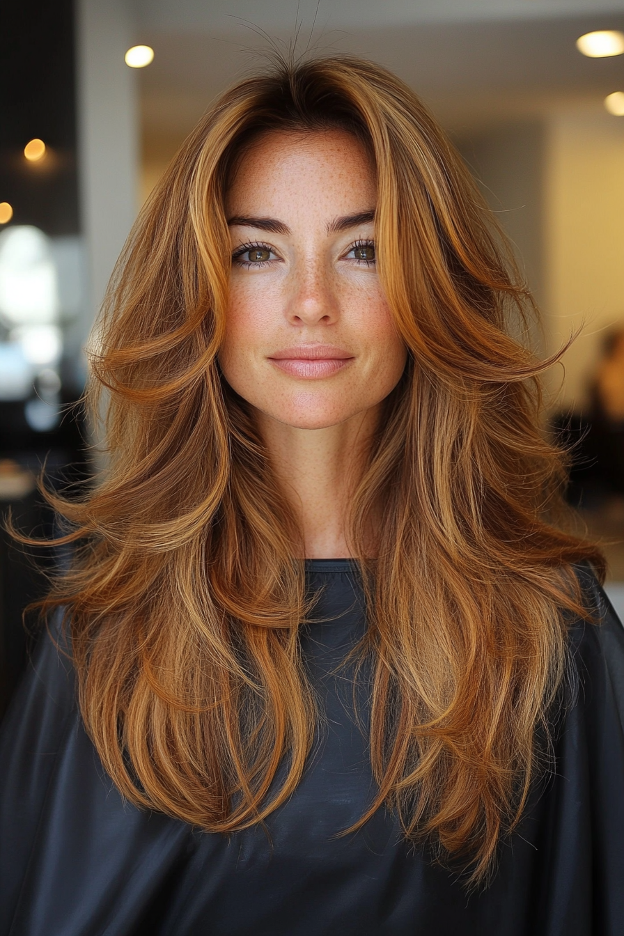 11. Goldene Kastanienschuhlschichten (lang geschichtete Haarschnitte) - lang geschichtete Haarschnitte