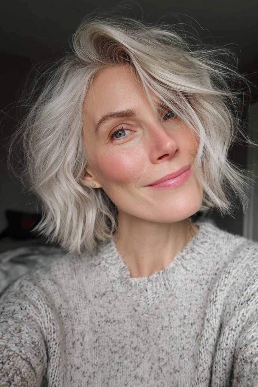 11. Icy Blonde Flicked Shag Bob (Kurze, zottelige Frisuren für ältere Frauen) – Kurze, zottelige Frisuren für ältere Frauen