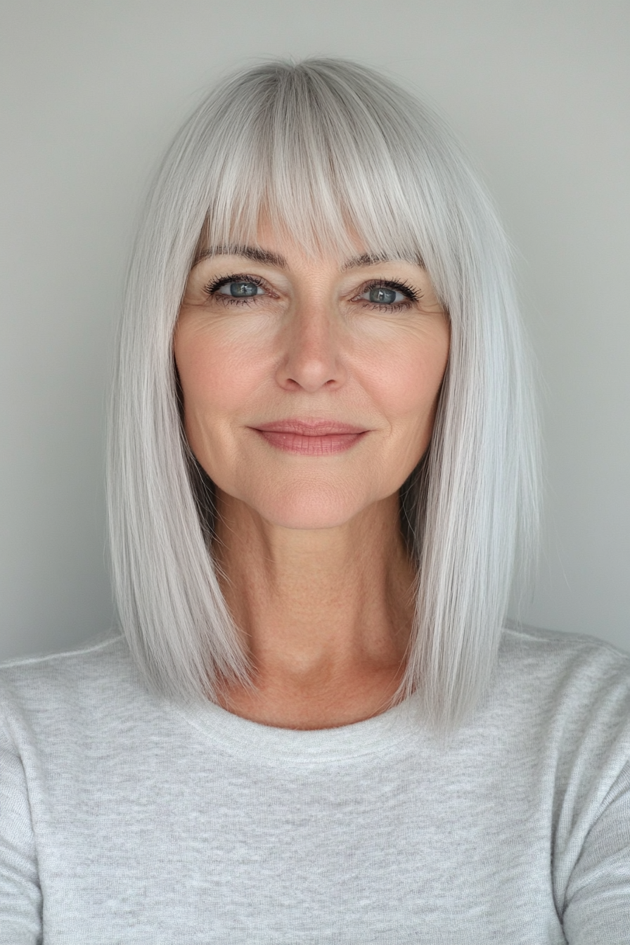 11. eisiges Platin -stumpf geschnitten mit wispy Pony (stumpfe Haarschnitte für Frauen über 60) - stumpfen Haarschnitte für Frauen über 60