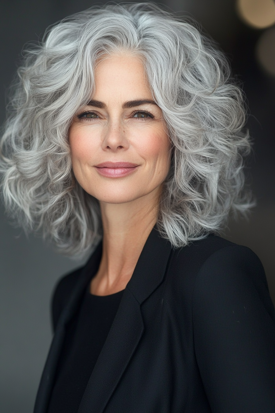 11. eisiges silberne, kurzgeschichtetes Shag (Haarschnitte für ältere Frauen mit lockigem Haar) - Haarschnitte für ältere Frauen mit lockigem Haar