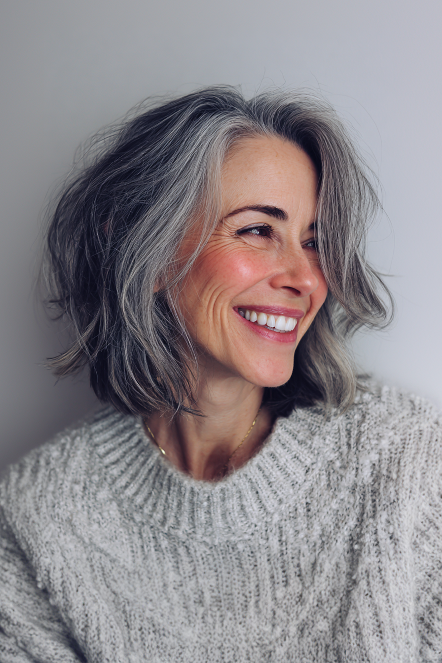 11. Umgekehrte rauchige Lob (lange Bob -Haarschnitte für Frauen über 50) - lange Bob -Haarschnitte für Frauen über 50