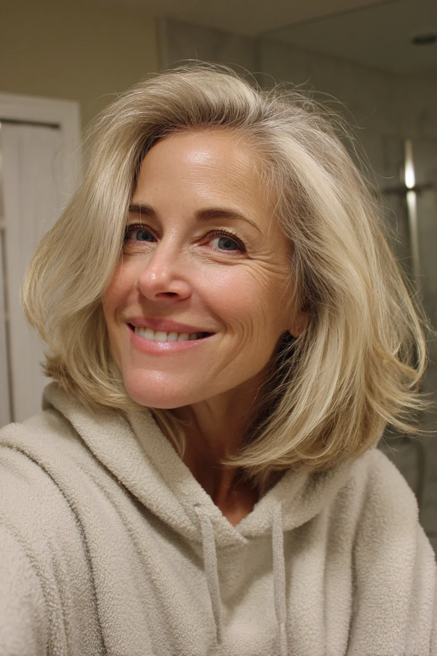 11. Mehrschichtiger Mittelhalsschnitt in Perlblond (kurze mittellange Frisuren für Frauen über 50) – Kurze mittellange Frisuren für Frauen über 50