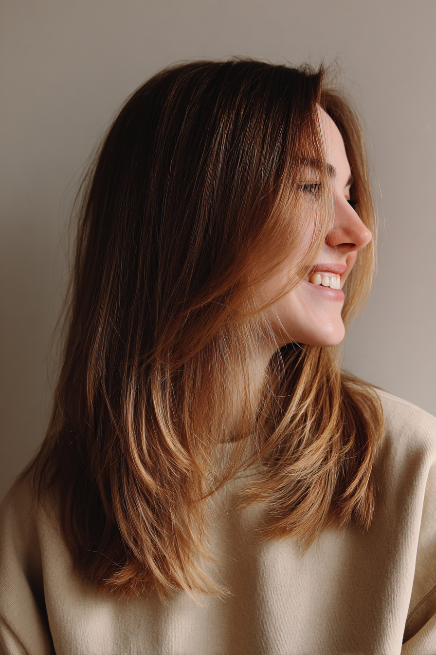 11. Lange Vorhangschichten mit Toffee Balayage (Haarschnitte für glattes Haar) – Haarschnitte für glattes Haar