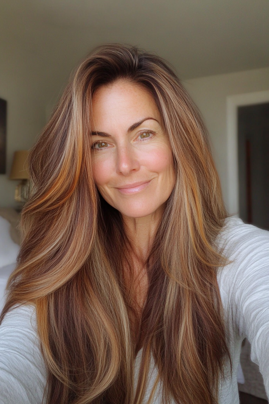 11. Lange Schichten mit weichen Karamellstreifen (lustige Haarschnittideen für Frauen über 40) - lustige Haarschnittideen für Frauen über 40