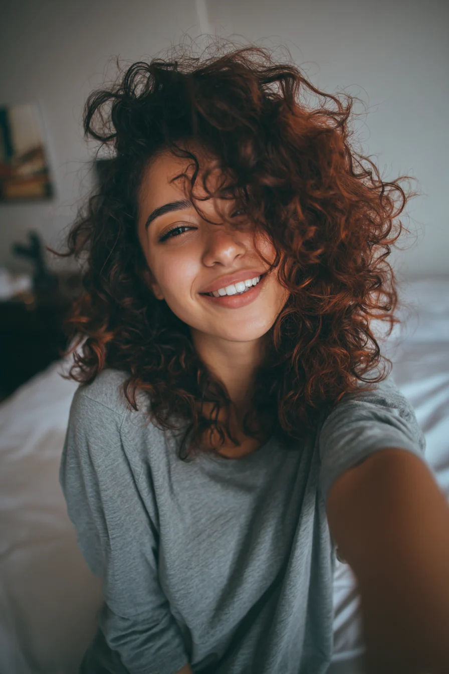 11. Mittlerer Mahagoni-Shag für enge Locken (geschichtete lockige Frisuren) – geschichtete lockige Frisuren